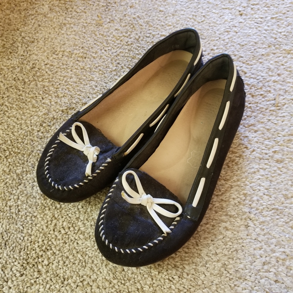Black suede slip-on flats, sz 37